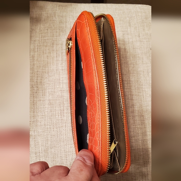 Anne Klein zippered wallet, orange with gold zippers and embellishment lock. - Picture 10 of 15